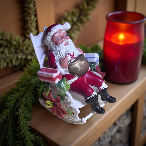 Vintage 1970s Hong Kong Santa in Rocking Chair – Retro Plastic Christmas Decorat - Picture 1 of 4